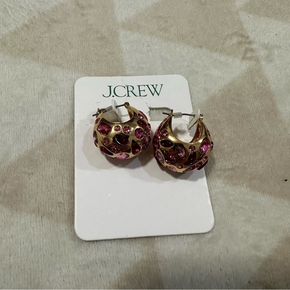 J crew Crystal-studded huggie hoop earrings pink red gold - Picture 3 of 4